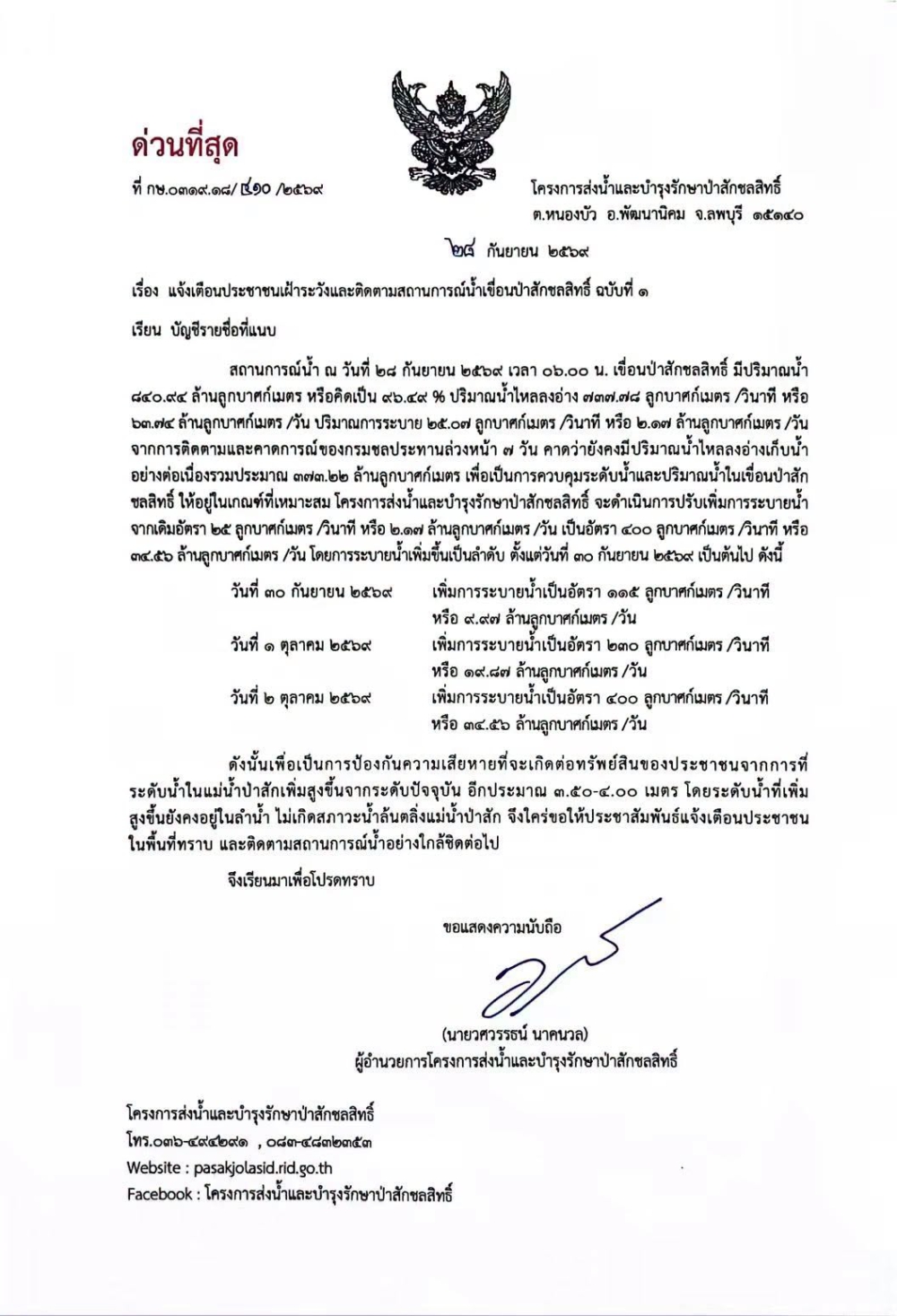 เฝ้าระวังและติดตามสถานการณ์น้ำเขื่อนป่าสักชลสิทธิ์.