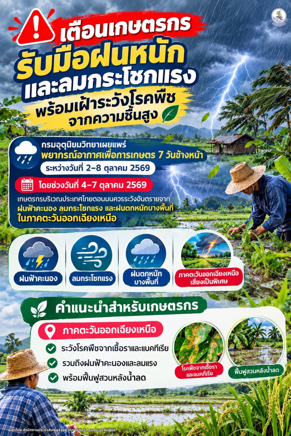 เตือนเกษตรกรรับมือฝนหนักและลมกระโชกแรง