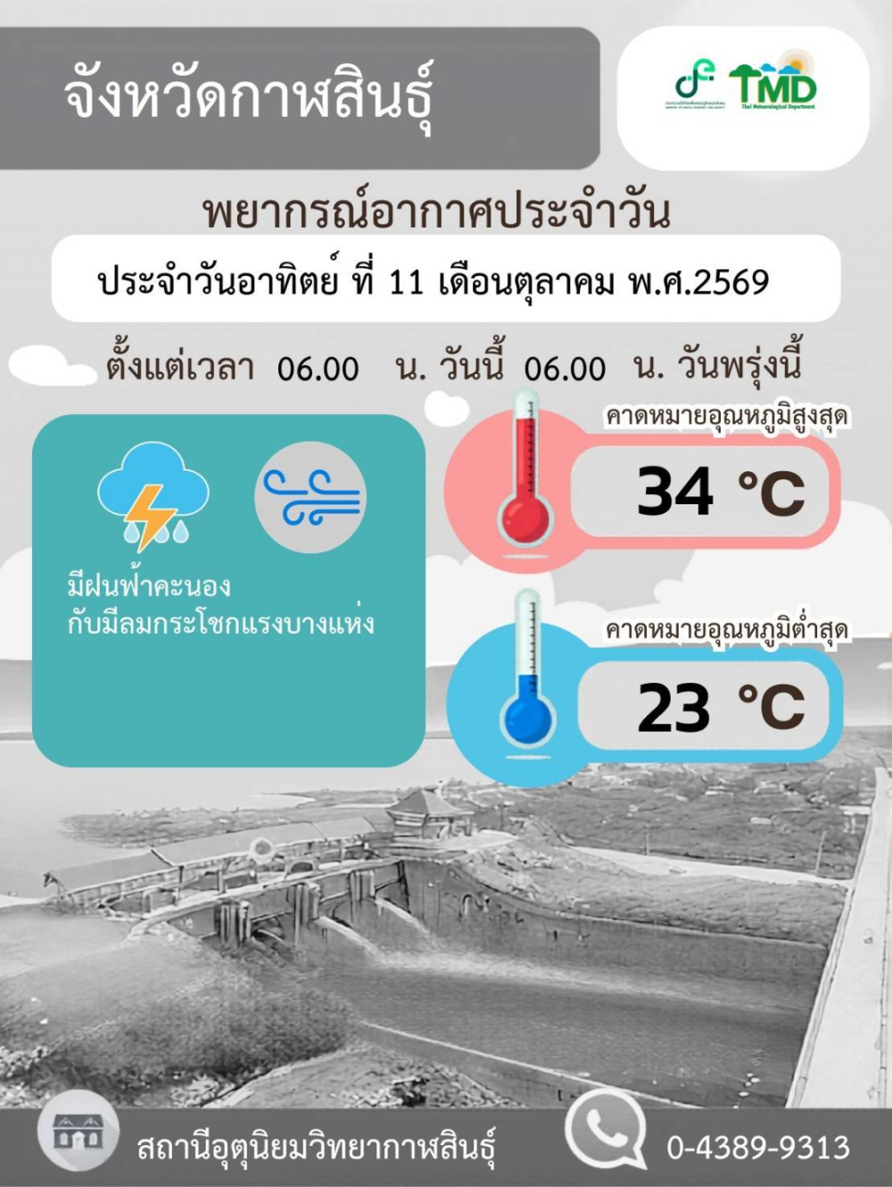 พยากรณ์อากาศจังหวัดกาฬสินธุ์ 11 ตุลาคม 2569