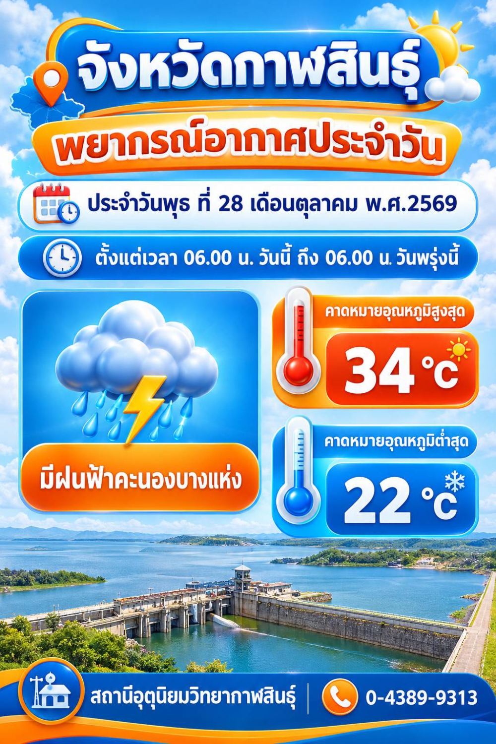 พยากรณ์อากาศจังหวัดกาฬสินธุ์ 28 ตุลาคม 2569
